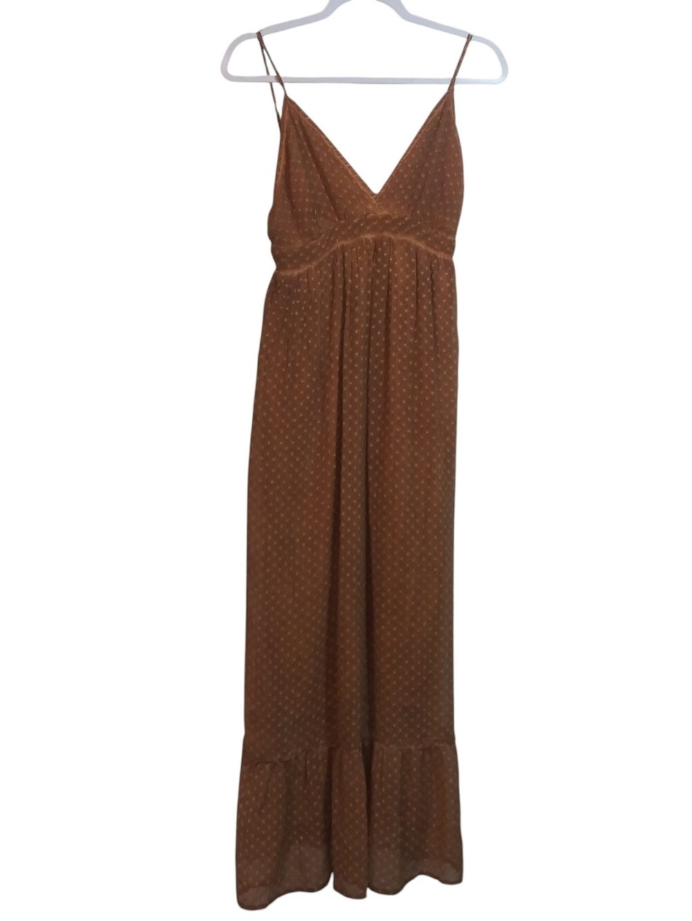 Bohemian Brown Textured Polka Dot Maxi Dress with Spaghetti Straps Size Small